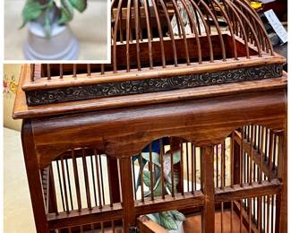 Large Vintage wooden bird cage with Boehm porcelain indigo bunting bird figurine 