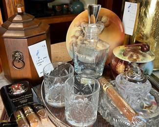 “Sippin’ and Smokin’" lot featuring antique Limoges France porcelain tobacco jar, bourbon decanter, 2 rocks glasses, vintage crystal ashtray, ceramic ashtray, vintage crystal table lighter, vanity tray cigar holder with cigars and an antique wooden humidor