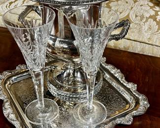 Pair of Waterford "Prosperity" champagne flutes, silver plate ice bucket/wine/champagne chiller, silver plate tray
