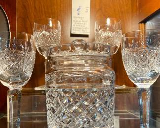 Vintage Waterford Ireland crystal (WATWAT140)  wine glasses and biscuit box/jar 