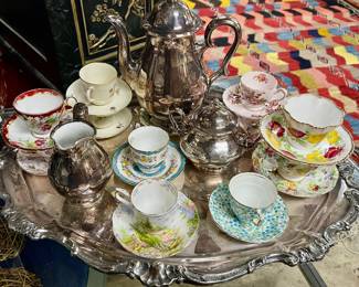 Vintage Tea/Coffee/Cocoa Set featuring large silver plate tray, ceramic silver plated pot, cream and sugar, sets of antique and vintage cups & saucers