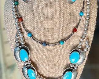 Turquoise statement necklace and earring set, sterling silver gemstone bead necklace