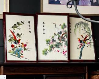 Set of 3 framed silk embroidery panels