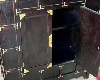 Vintage Asian-Inspired Cabinet with Brass Hardware approx. 31”H x 28”W x 13”D