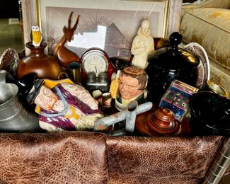Basket of vintage pottery, glassware, art, more 