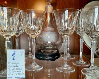 Vintage decanter with stopper and 8 Mikasa “Interlude” crystal wine glasses/goblets 