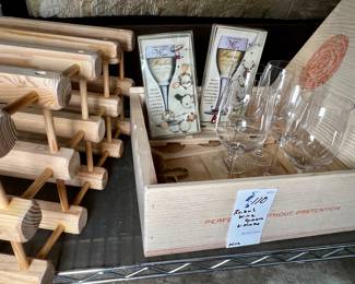 Wooden wine rack, wooden wine, storage box, set of 5 wine glasses, wine glass markers, wine openers