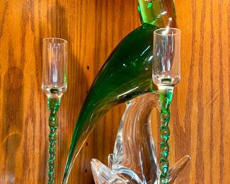 Art glass cockatoo, candlestick holders
