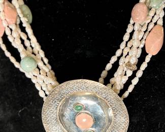 Natural rice pearls & gemstone  multi-row statement necklace