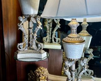 Pair of metal cherub lamps and decorative, gold tone resin cherub figurine
