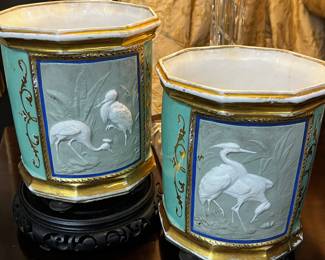 Pair of Antique French footed porcelain Henri Ardant Limoges-style planters/pots 