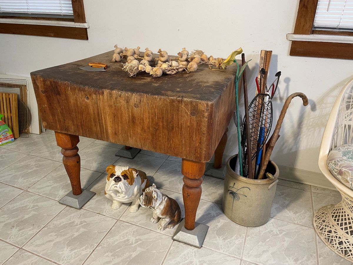 massive (3' x 3' x 18") butcher block table, probably Michigan maple.
