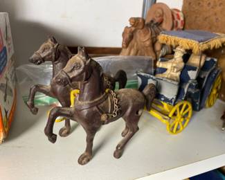 vintage cast iron Stanley horse, buggy and figurines (surrey with the fringe on top!)