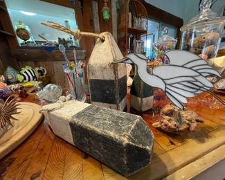 vintage maine lobster buoy, stain glass bird