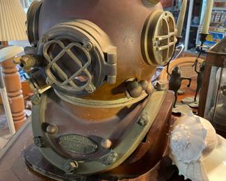 Very big repro brass and copper diving helmet with attractive wooden stand
