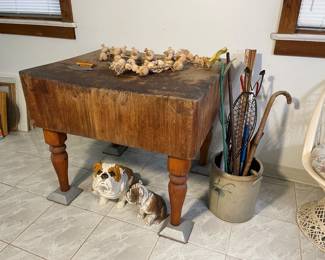 massive (3' x 3' x 18") butcher block table, probably Michigan maple.