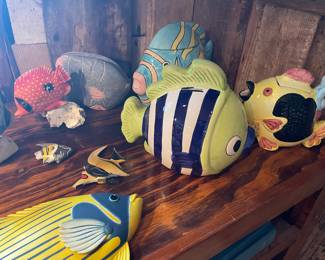 ceramic, wooden and plasstic fish