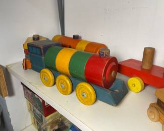 vintage wooden trains, trucks, stacking cups