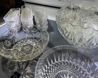 cut glass punch bowl and glasses, bowls and corn dishes