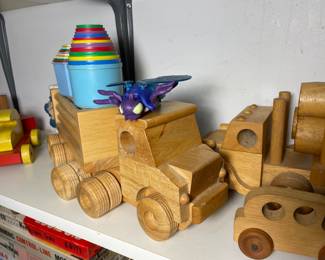 vintage wooden trains, trucks, stacking cups