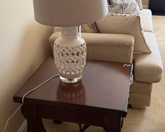 White Ceramic Lattice Ginger Jar Table Lamp with Beige Drum Shade