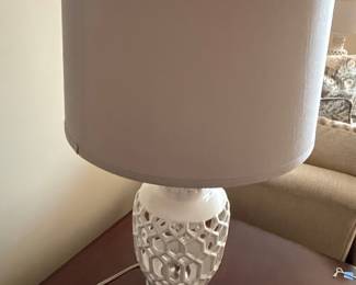 White Ceramic Geometric Cutout Table Lamp with Neutral Shade