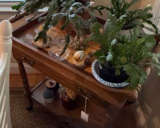 Vintage Wooden Tea Cart with Christmas Cactus Plants