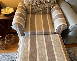 Striped Upholstered Armchair and Ottoman Set