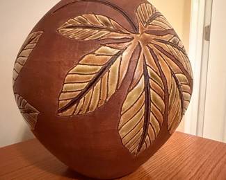 Mid-Century Etched Ceramic Vase with Leaf Motif