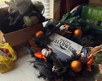 Handmade Halloween Wreath with "Happy Halloween" Sign, Faux Pumpkins, and Ornaments