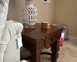 Dark Wood Accent Table with Studs and Drawer