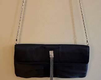 Black Satin Evening Clutch with Rhinestone Tassel