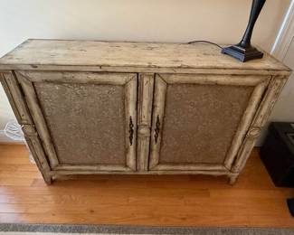 Distressed White Two-Door Cabinet with Floral Inlay