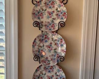 Vintage Lord Nelson Ware "Marina" Chintz Floral and Bird Plates with Wrought Iron Hanger