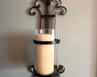 Ornate Scroll Wrought Iron Candle Sconce with Glass Hurricane