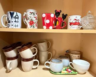 Assorted Ceramic Mugs and Glass Candy Dish