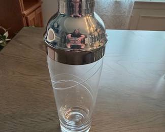 Vintage Etched Glass Cocktail Shaker with Stainless Steel Top