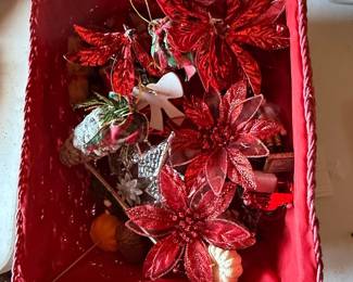 Red Woven Basket with Christmas Ornaments
