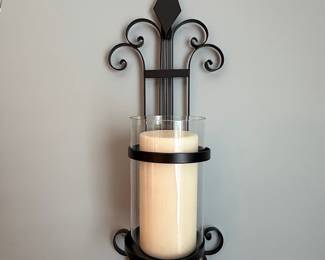 Black Wrought Iron Scroll Candle Sconce with Glass Hurricane