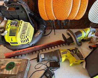 Ryobi Cordless Power Tool Set with Backpack Blower, Hedge Trimmer, and Reciprocating Saw