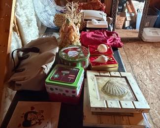 Assorted Decorative and Collectible Items, including Christmas Tins and Seashell Decor