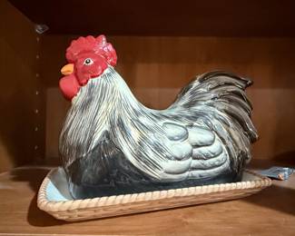 Ceramic Rooster Figurine on Basket Tray