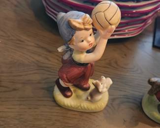 Vintage Ceramic Figurines of Children with Dog and Basket