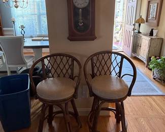 Vintage Rattan Swivel Bar Stools with Upholstered Seats