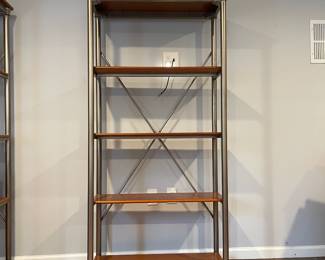 D61 - $75 Each Tall Shelving Units. Sturdy Metal Frame with wooden shelves. Measures 37.5" wide x 15.5" deep x 76" tall. 