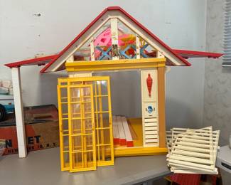 D167 - $60. 1982 Barbie Dream Cottage. Was played with and has stickers / residue but I don't see any broken pieces. 