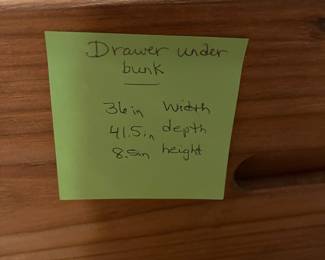D76 - $150. Wooden Bunk Bed with Ladder & Drawer. Includes 2 regular twin mattresses but it is long enough to fit twin XL. Can be used as individual beds as well if you don't want them stacked. Measures 83" x 43" x 65" tall.  Located in a walk out basement but you will need 2 people to disassemble and move out!