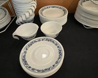D55 - $250. Large Old Town Blue by Corelle dish set. Some plain white pieces mixed in but mostly Blue & White. 
