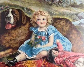 D15 - $85. Beautifully Framed Print of Victorian Print in excellent condition. Girl & St. Bernard Dog "Wide Awake" Measures 25.75" x 21.75". 