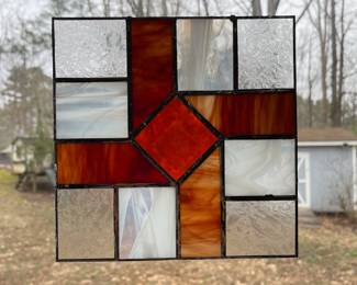 D8 - $25. 8" square stained glass. Clear, White, Amber / Brown. 